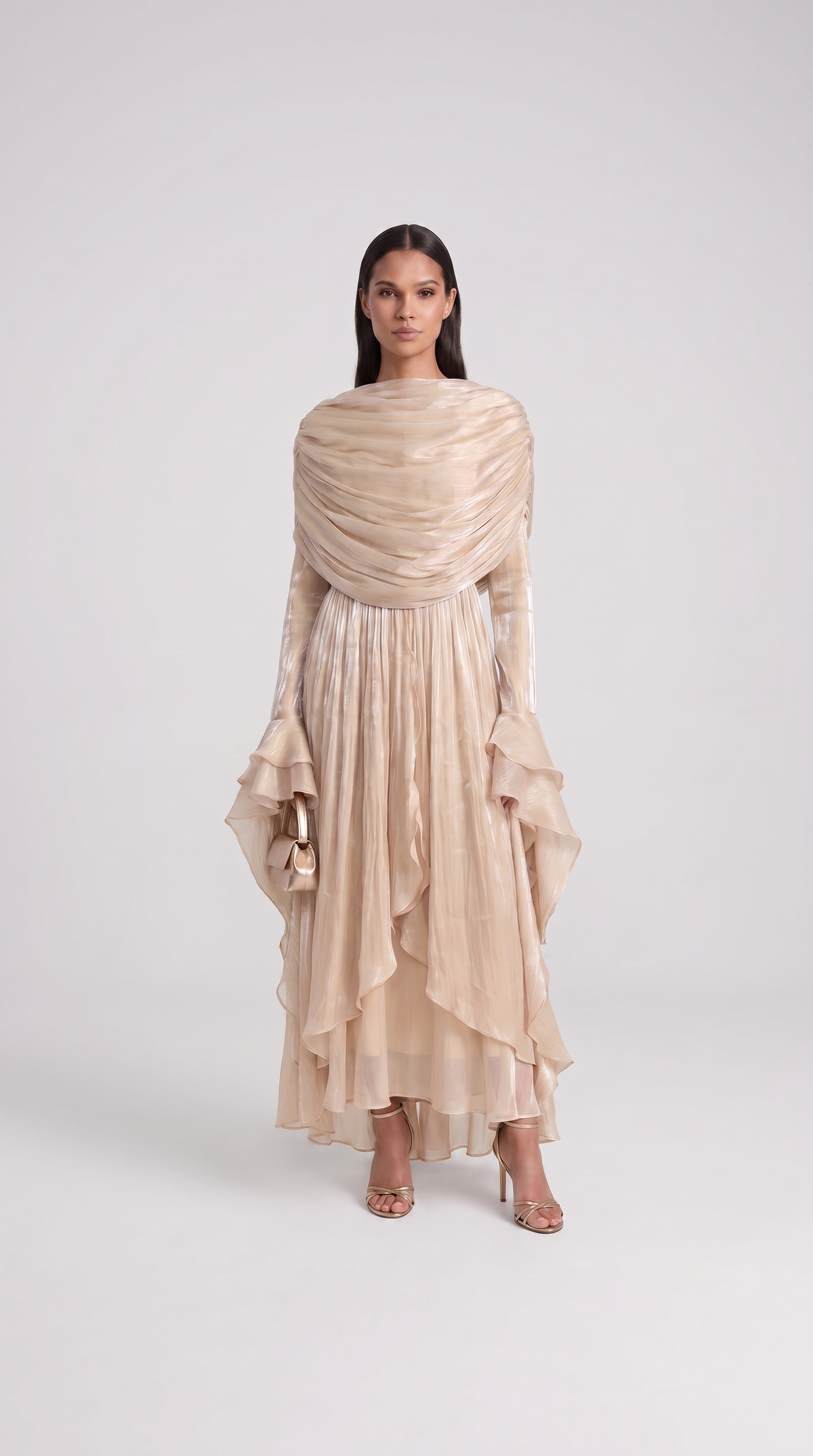 Kara - Vestido plisado irregular con volantes albaricoque claro