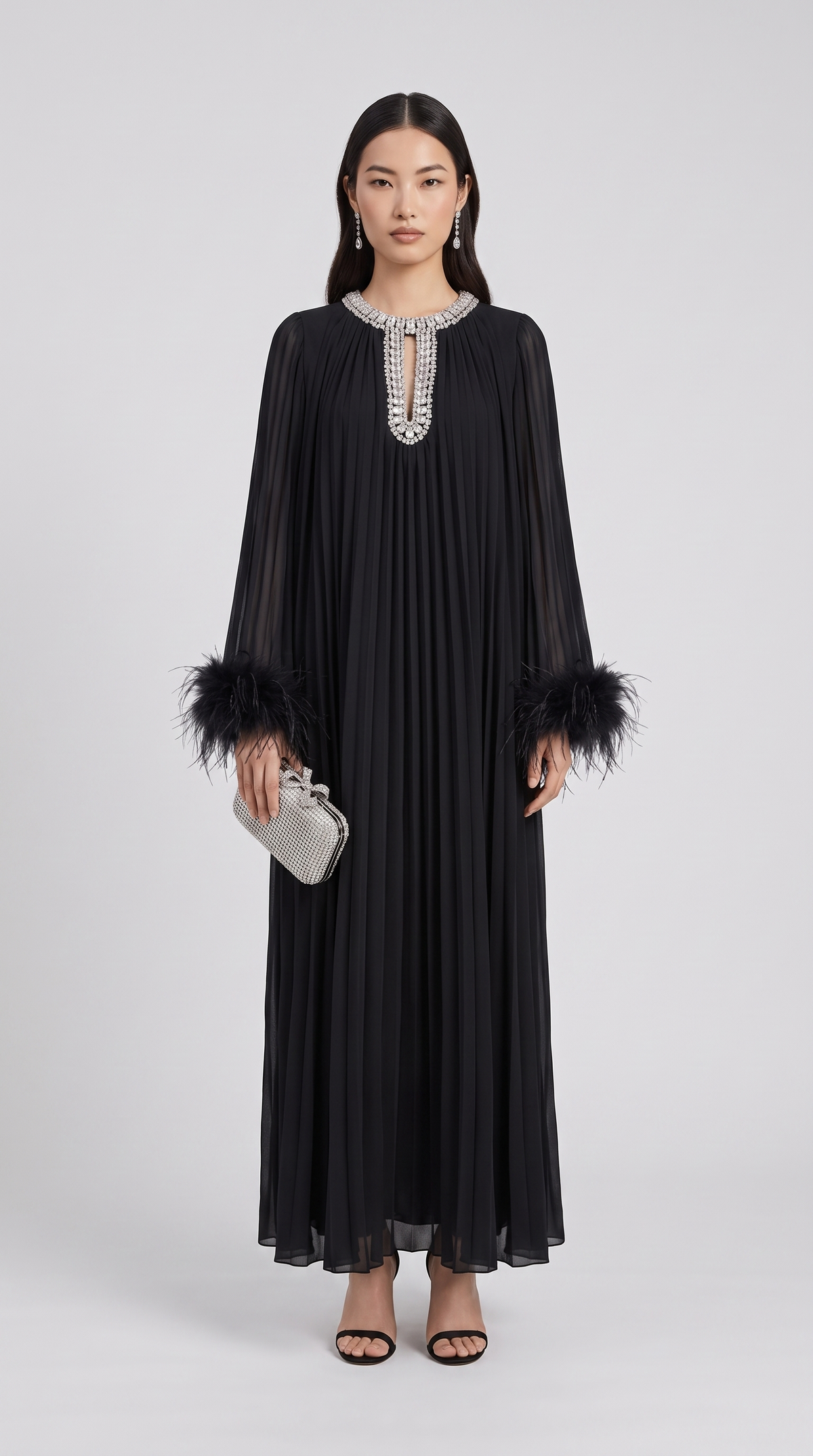 Stelo – Crystal-Embellished Pleated Feather-Cuff Kaftan Gown Black