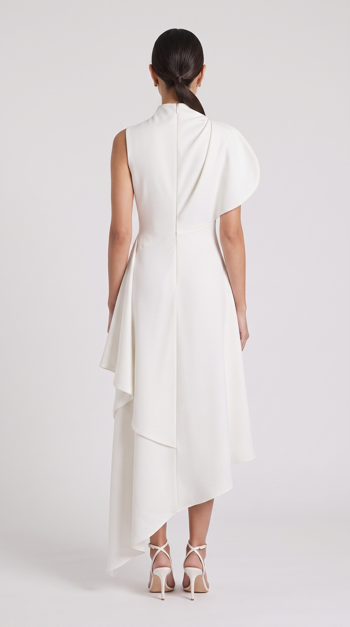 Selene – Asymmetric Draped Handkerchief Midi Dress White