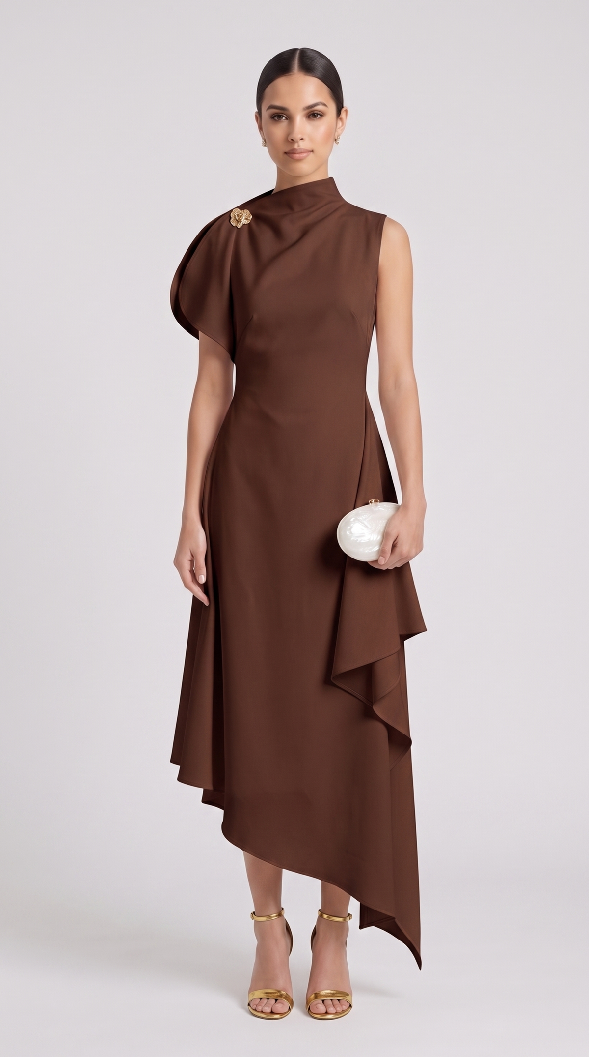 Selene – Asymmetric Draped Handkerchief Midi Dress Brown