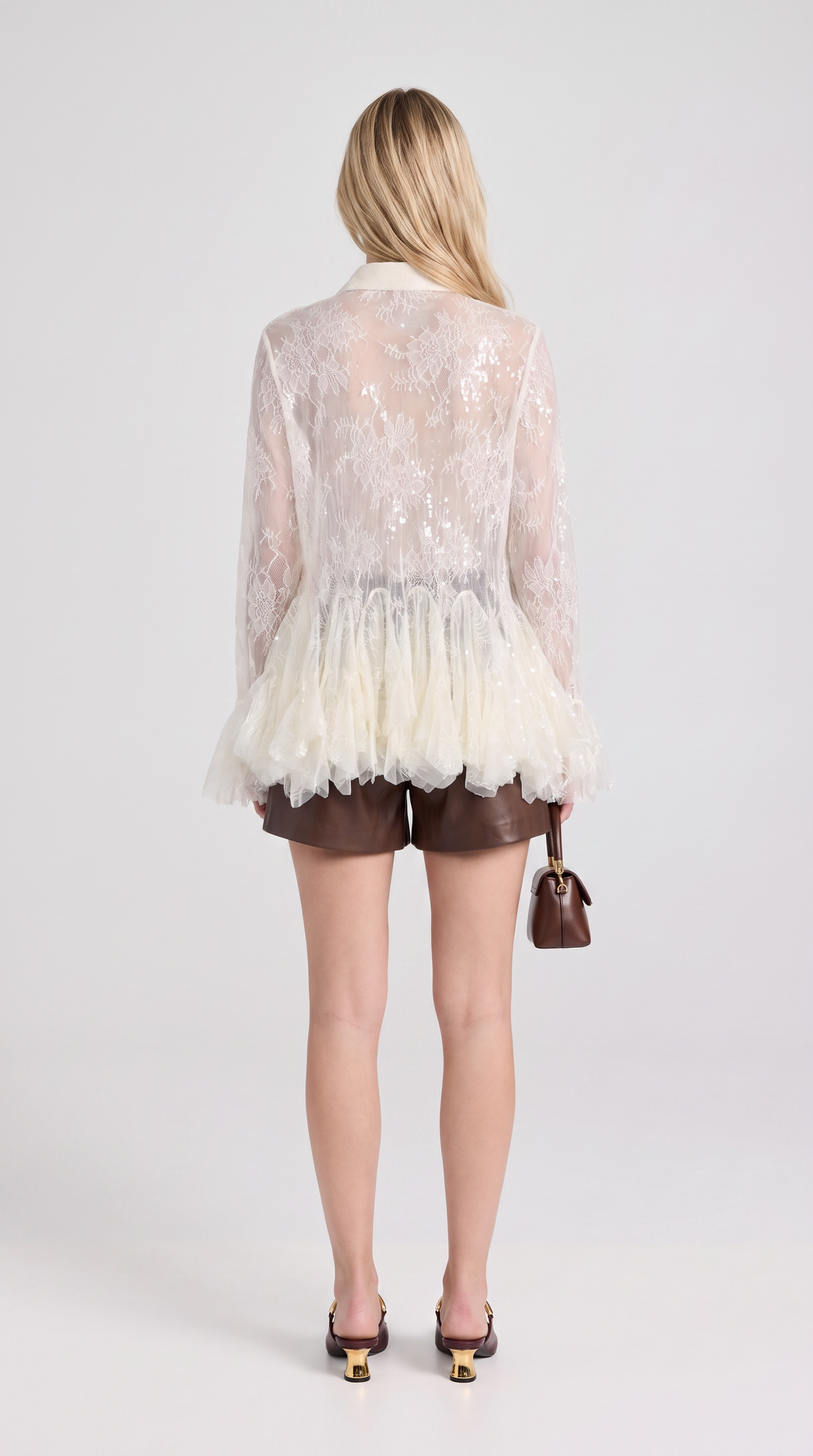 Bellagio – Sequin Lace Peplum Blouse Beige