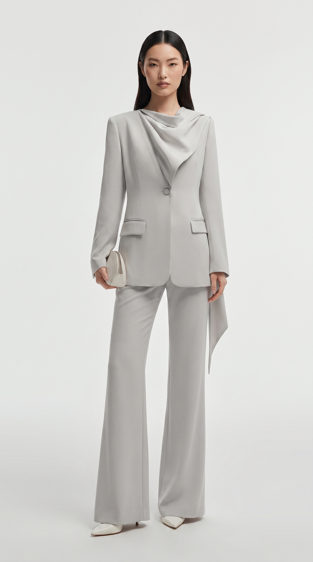 Muro – Asymmetric Cowl-Draped Blazer and Flared Trousers Suit Gray