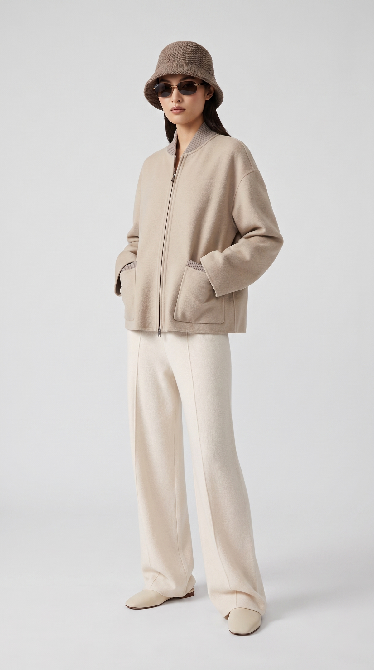Taori – Ribbed-Trim Cashmere Bomber Jacket Beige