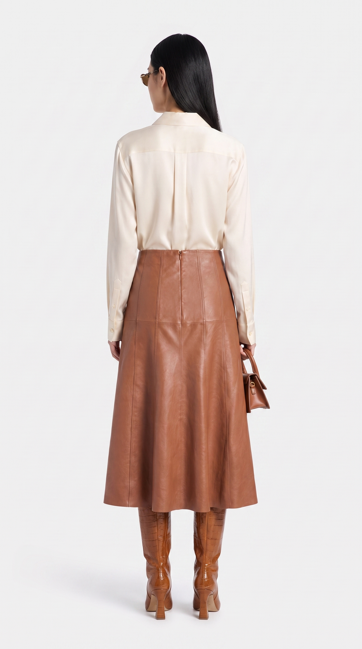Rialto – Panelled Genuine Leather A-Line Midi Skirt Brown