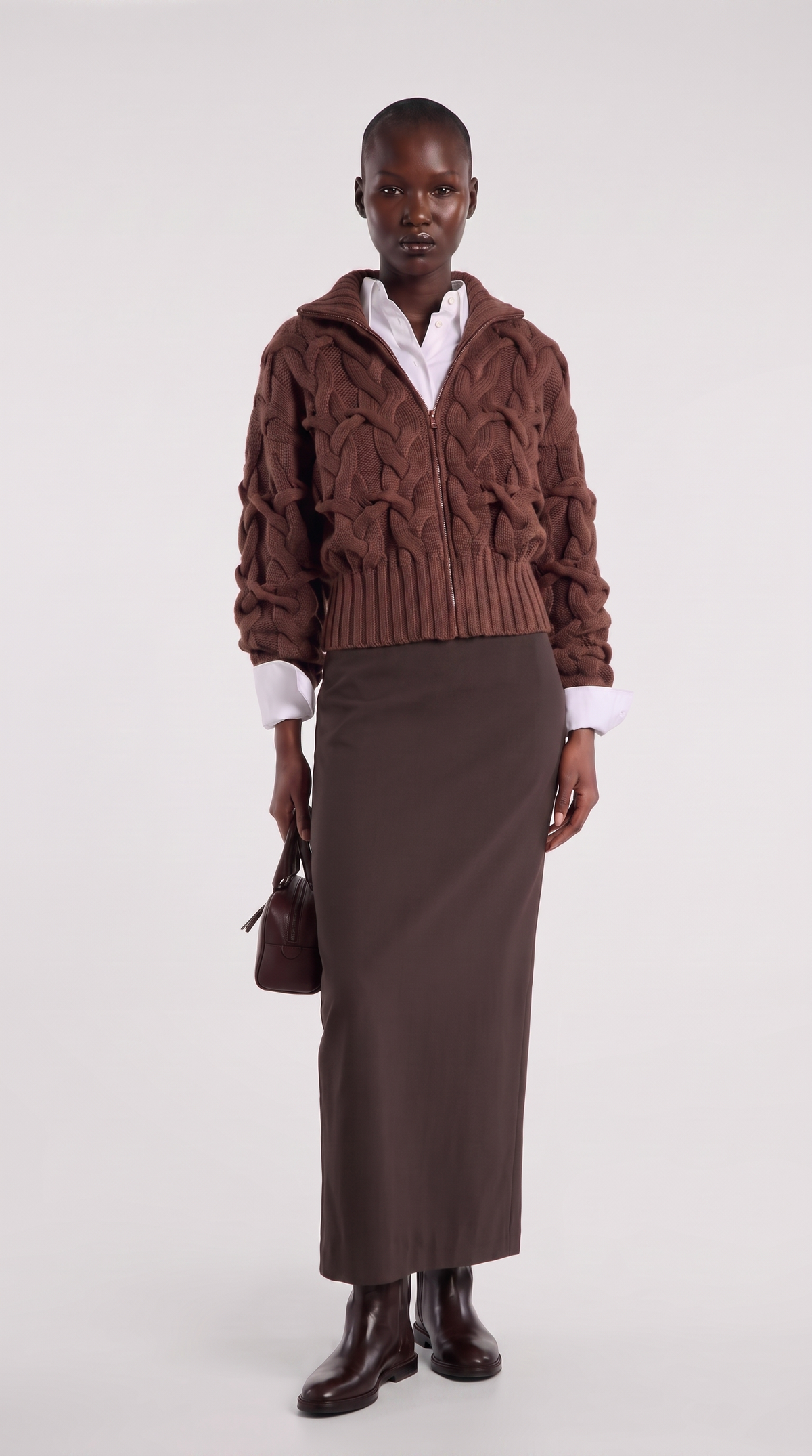 Dolce – Chunky Cable Knit Cashmere Zip Cardigan Brown