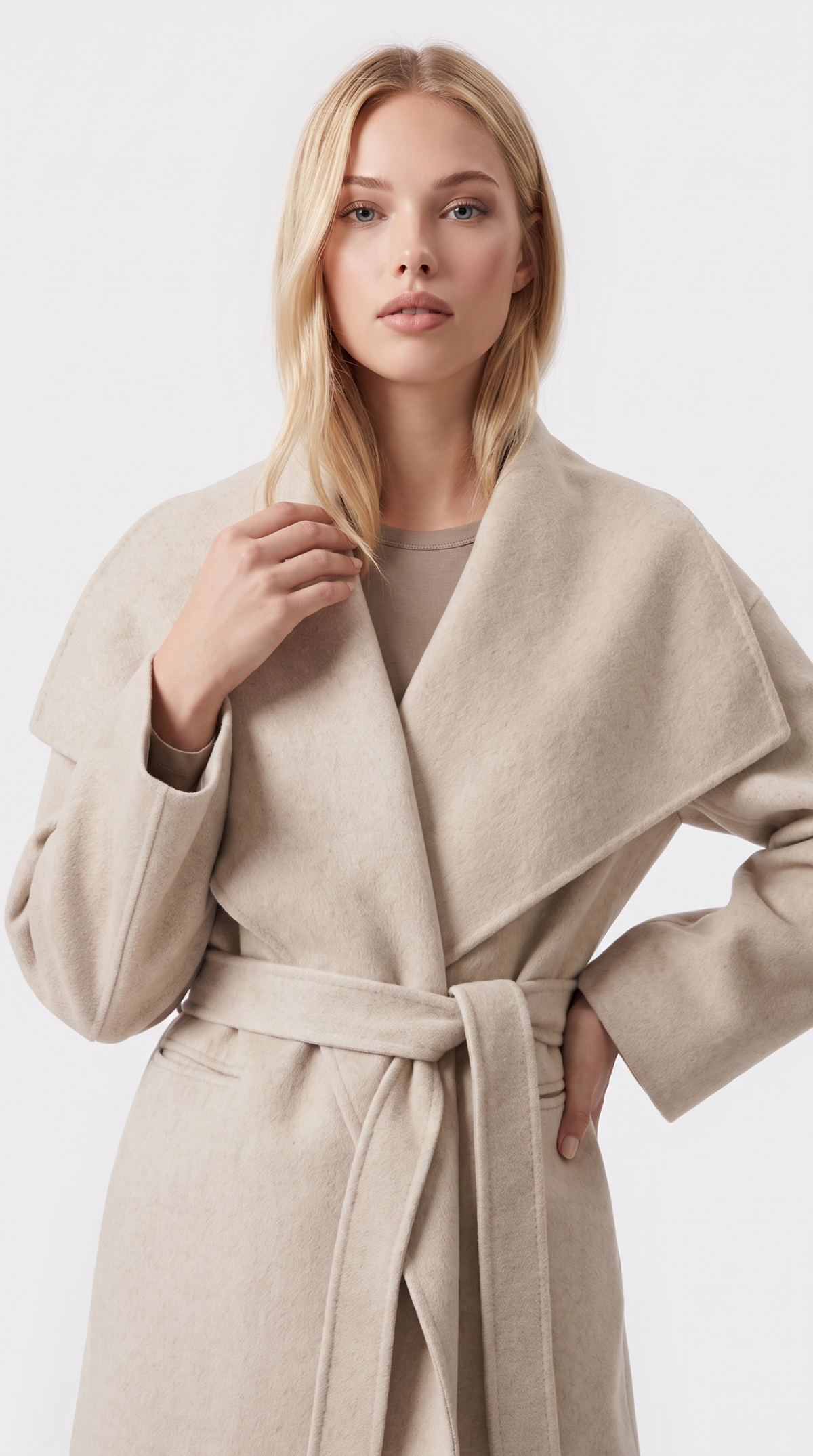 Fabriano – Draped Shawl Collar Wool Wrap Coat Beige