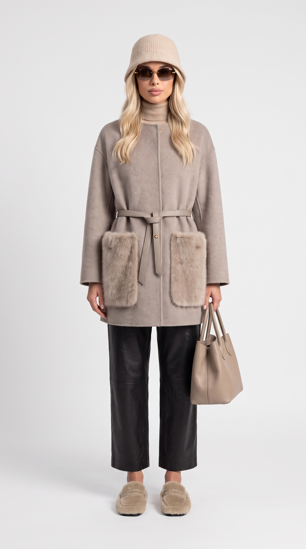 Belluno – Fur Pocket Collarless Caashmere & Wool Blend Wrap Coat Gray