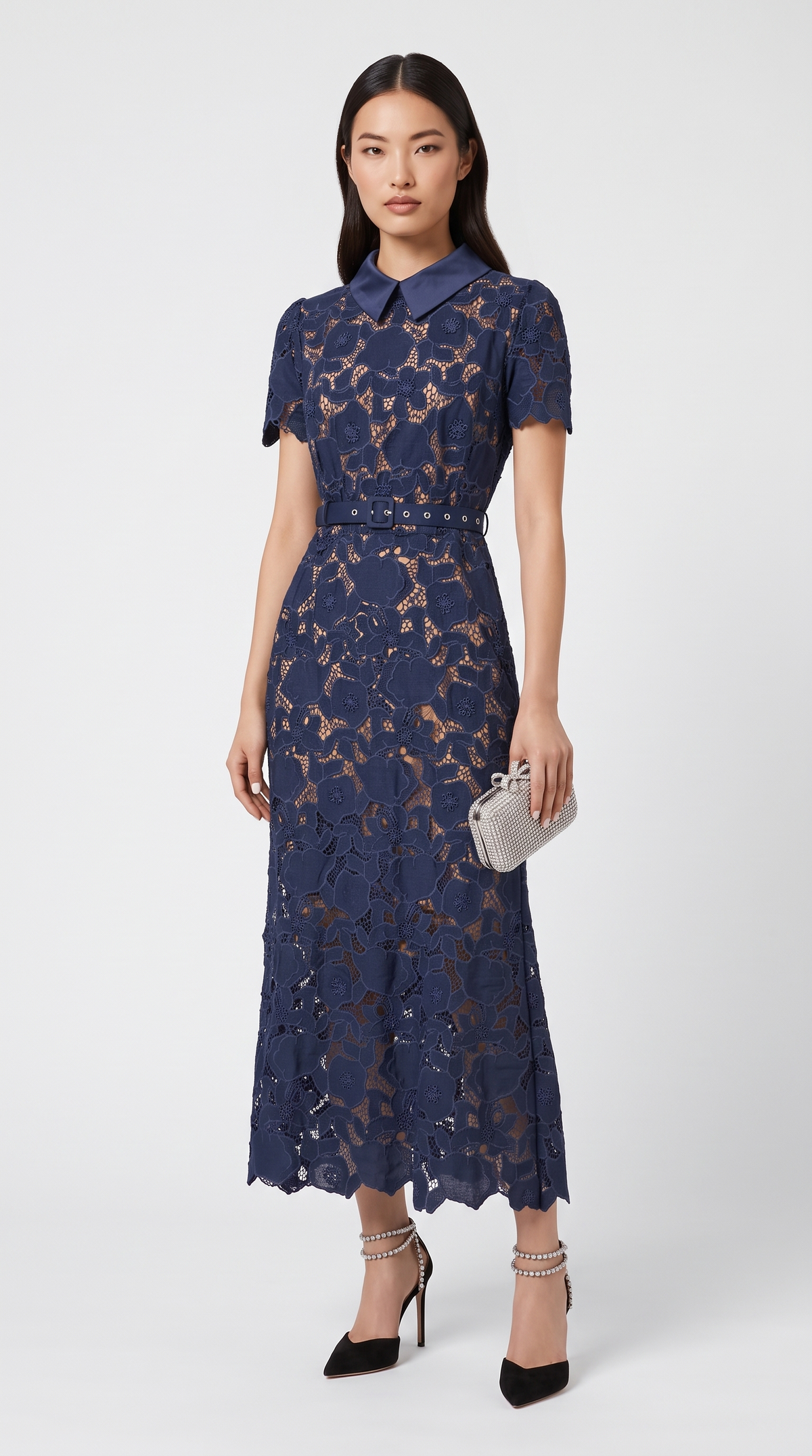 Dune - Belted Floral Lace Midi Dress