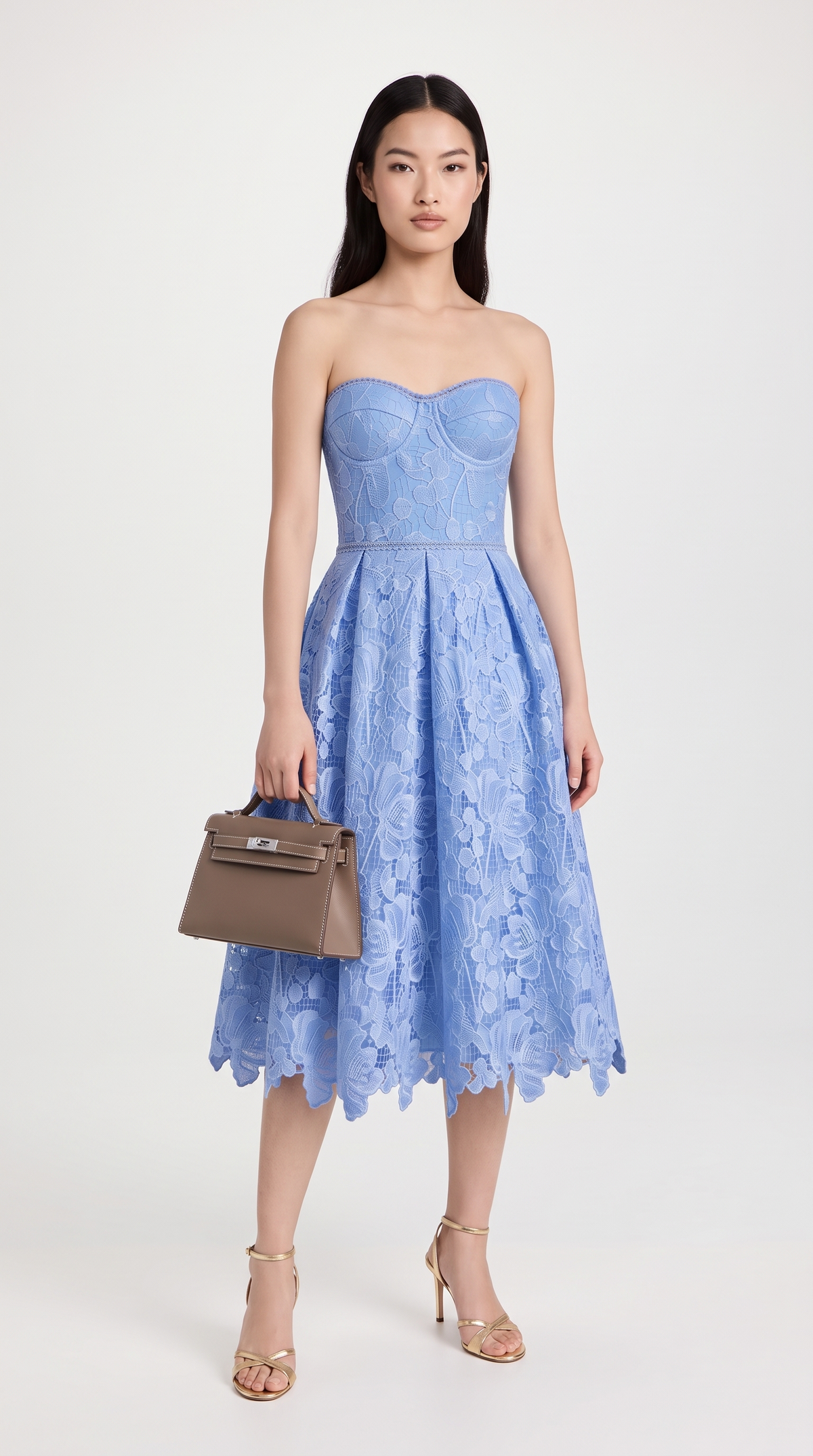 Melos - Embroidered Corseted A-Line Midi Dress Baby Blue