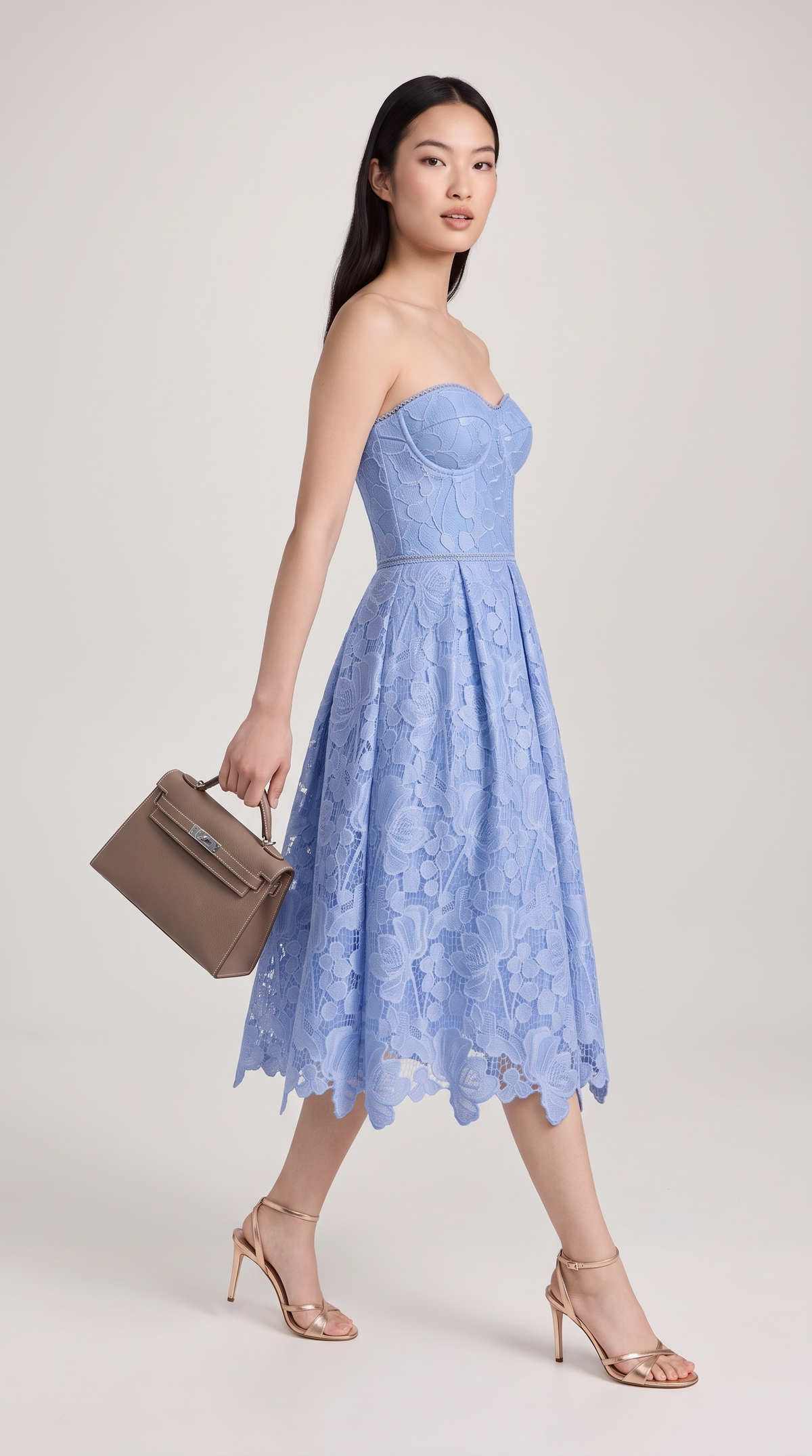 Melos - Embroidered Corseted A-Line Midi Dress Baby Blue