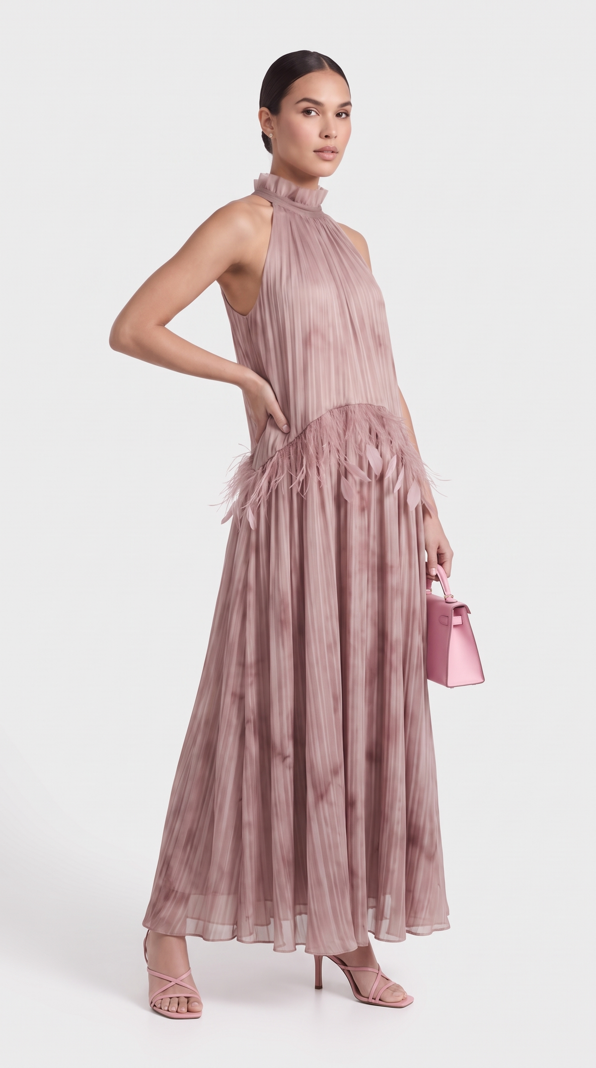 Nisi - Feather-Trimmed Pleated Halter Maxi Dress