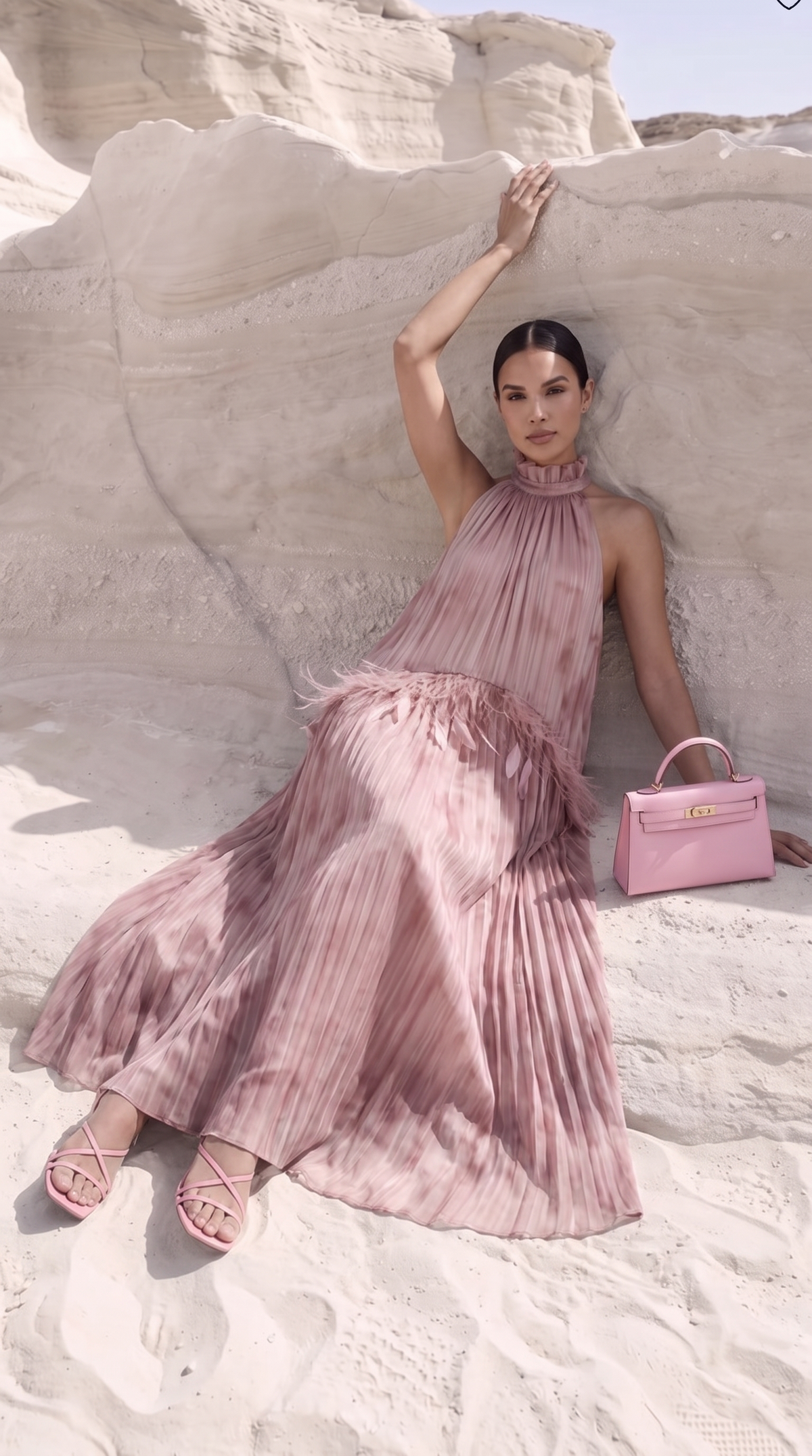 Nisi - Feather-Trimmed Pleated Halter Maxi Dress