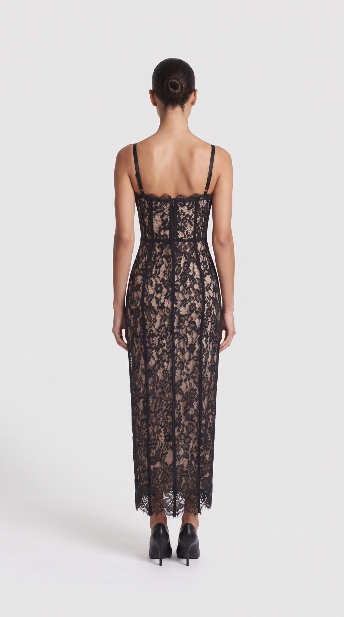 Lotri - Paneled Floral Lace Bustier Midi Dress Black