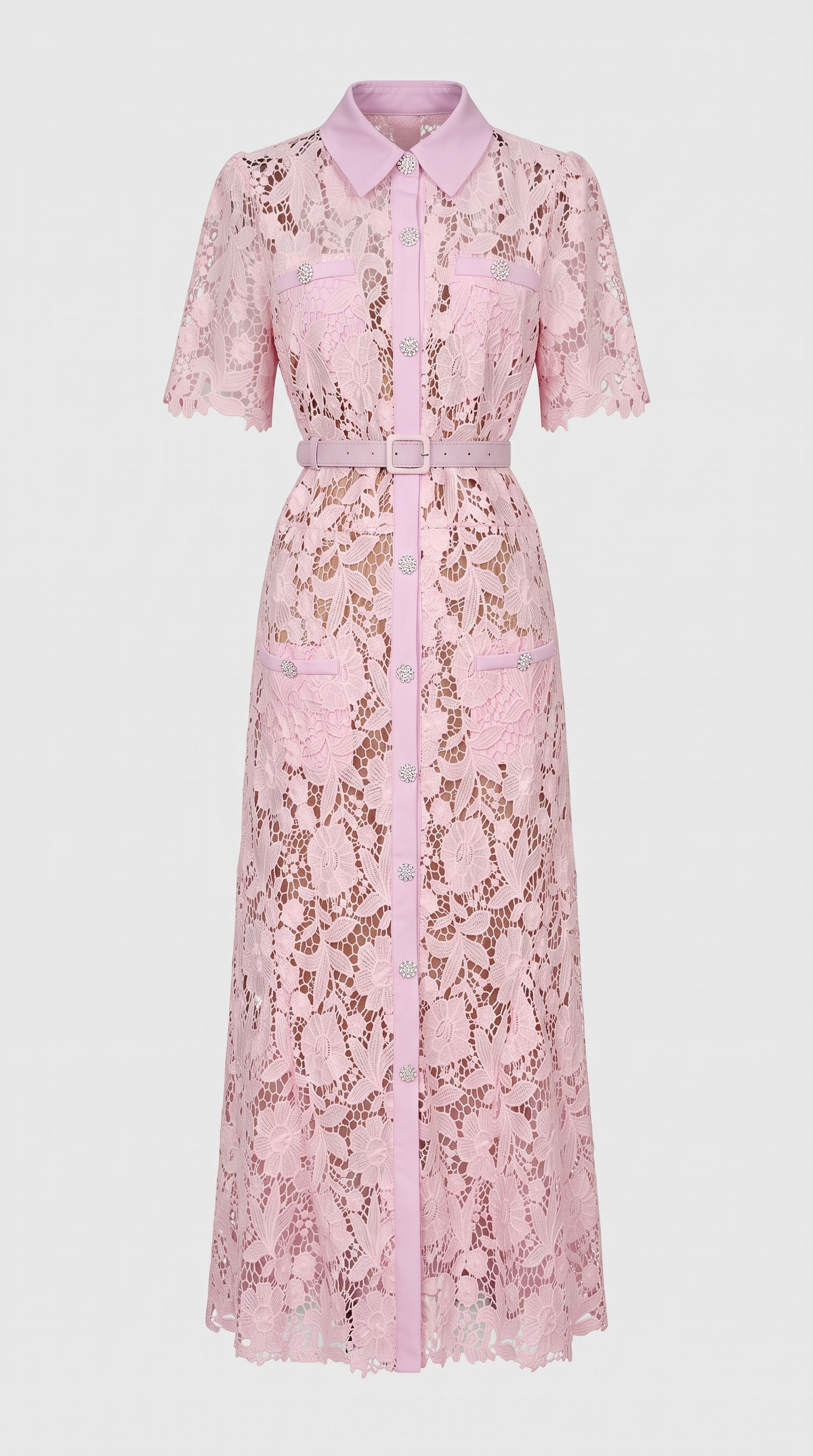 Oria - Abito midi camicia in pizzo floreale con cintura rosa