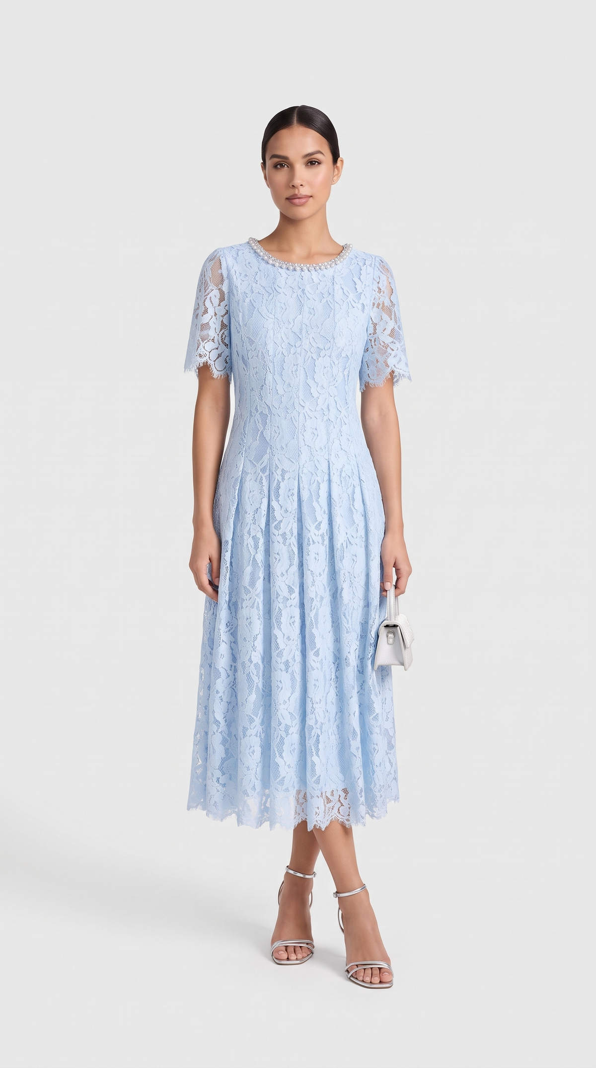 Agave - Pearl Collar Sequined Lace A-Line Midi Dress Light Blue