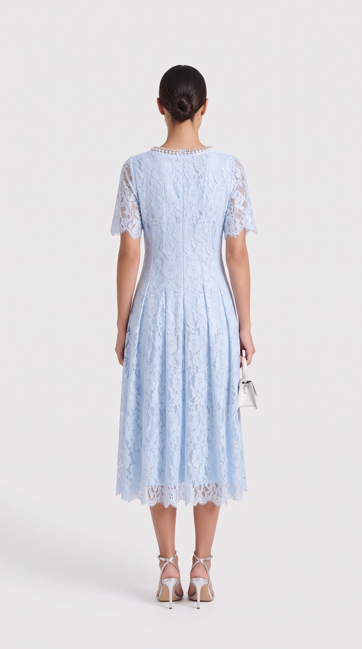 Agave - Pearl Collar Sequined Lace A-Line Midi Dress Light Blue