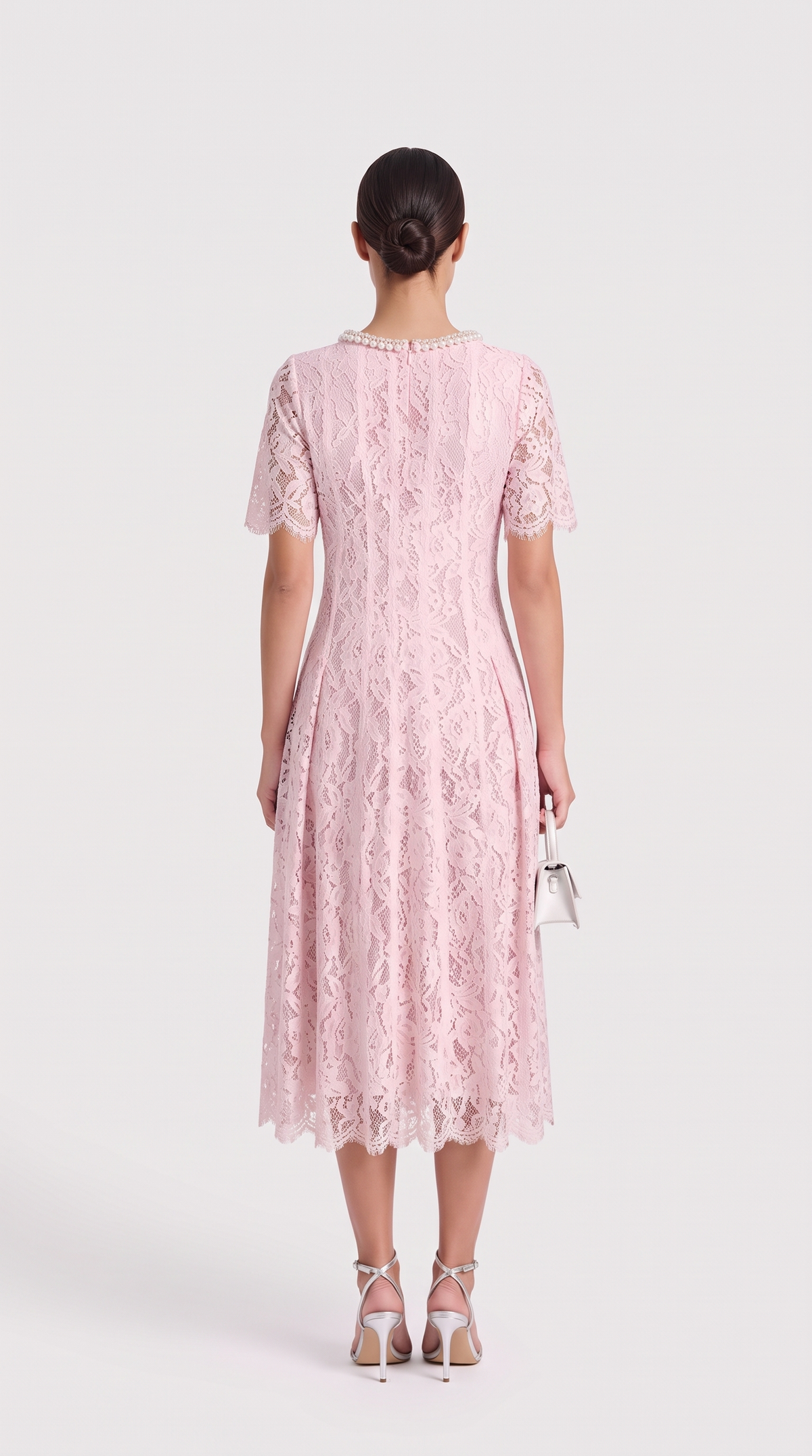 Agave - Pearl Collar Sequined Lace A-Line Midi Dress Pink